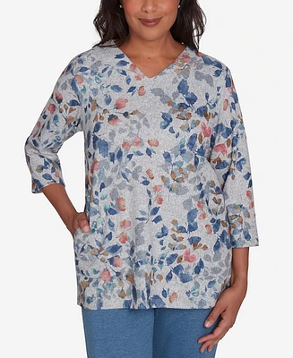 Alfred Dunner Petite Casual Fridays Watercolor Leaves V-Neck Top