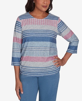 Alfred Dunner Petite Casual Fridays Ruched Striped Crew Neck Top