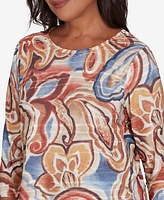 Alfred Dunner Petite Harvest Moon Watercolor Paisley Crew Neck Top