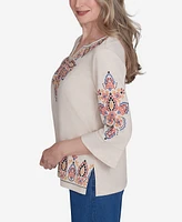 Alfred Dunner Petite Harvest Moon Medallion Embroidered Flutter Sleeve Top