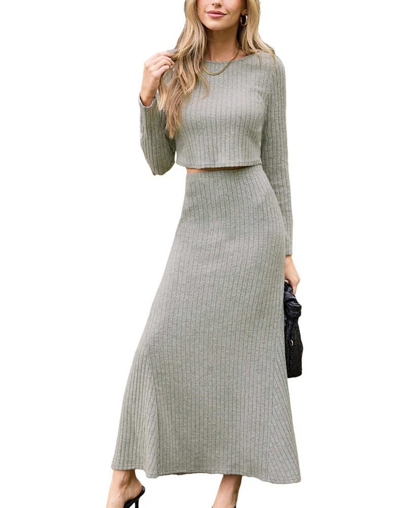 Cupshe Women's Ribbed Knit Long Sleeve Top & Maxi Skirt Set