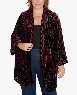 Ruby Rd. Plus Open Front Velvet Burnout Embroidered Cardigan Sweater