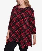 Ruby Rd. Plus Split Cowl Neck Plaid Chenille Ribbed Knit Top