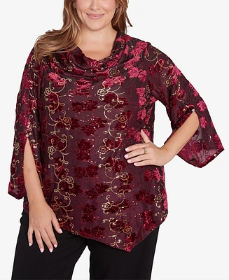 Ruby Rd. Plus Iridescent Sequin Velvet Floral Cowl Neck Top