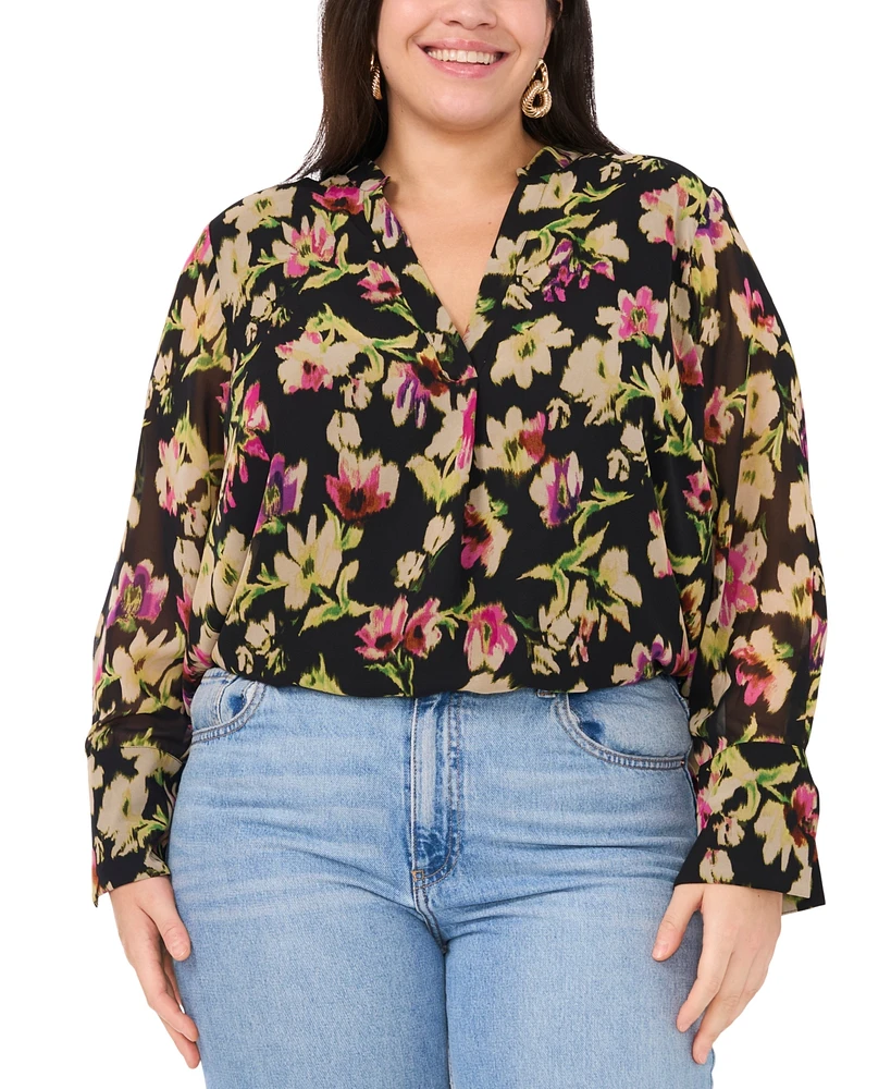 Vince Camuto Plus Floral-Print Split-Neck Long-Sleeve Top