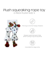 Rae Dunn 2-Pack Small Bone Rope Dog Toys with Squeakers, Featuring 'Woof' and 'Dogs All Over' Print