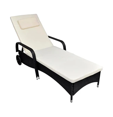 vidaXL Sun Lounger with Cushion & Wheels Poly Rattan Black