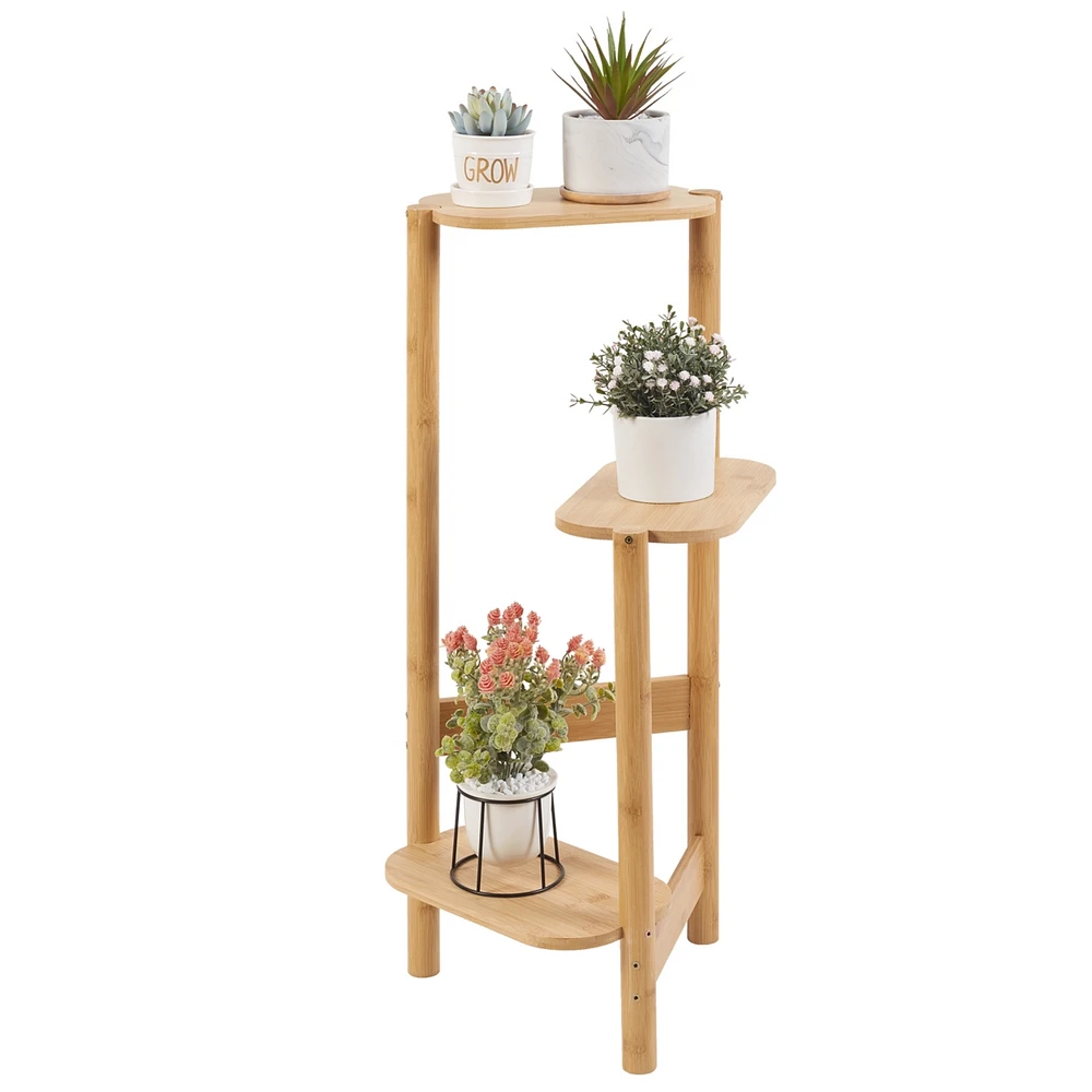 Unho 3 Tier Bamboo Wood Tall Corner Plant Rack Garden Flower Pot Holder for Balcony