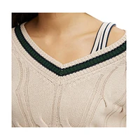 Cotton On Women's Varsity V-Neck Crop Cable Sweater