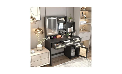 Slickblue Makeup Vanity Desk with Lights 3 Colors, Openable Mirror, 4 Drawers, Cabinet, and Shelves for Organized Glamour