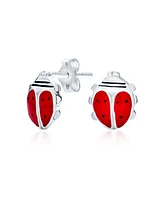 Bling Jewelry Red Enamel Garden Insect Ladybug Stud Earrings .925 Sterling Silver