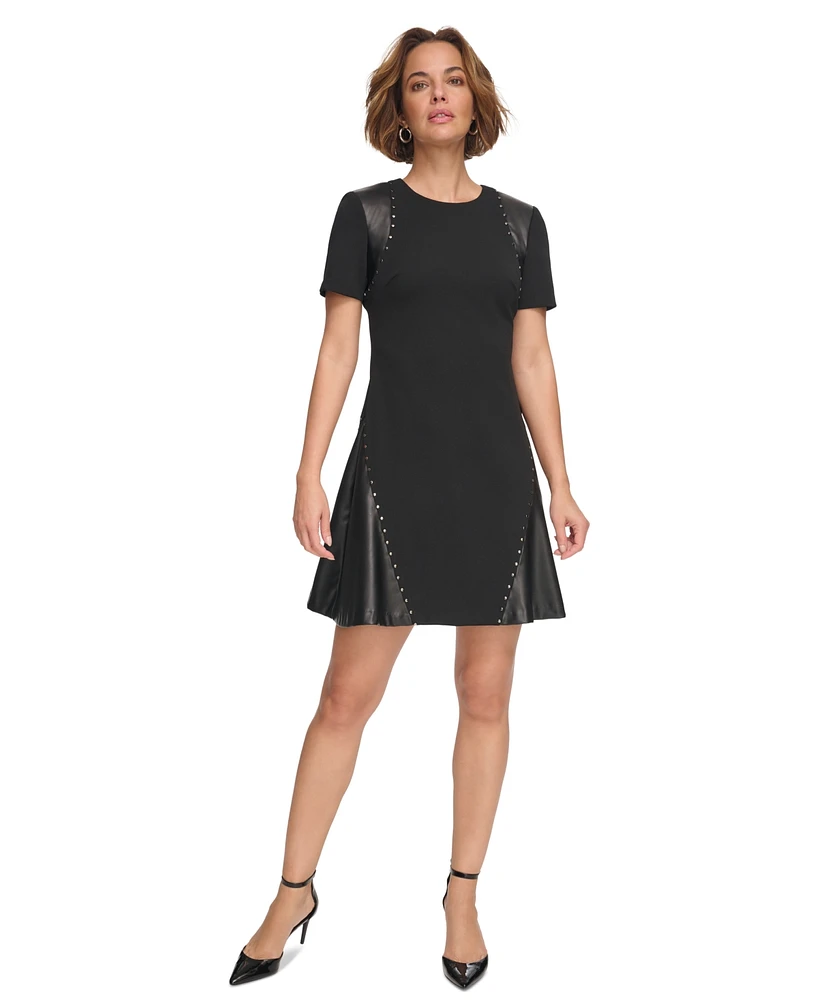 Dkny Petite Studded Mixed-Media Fit & Flare Mini Dress