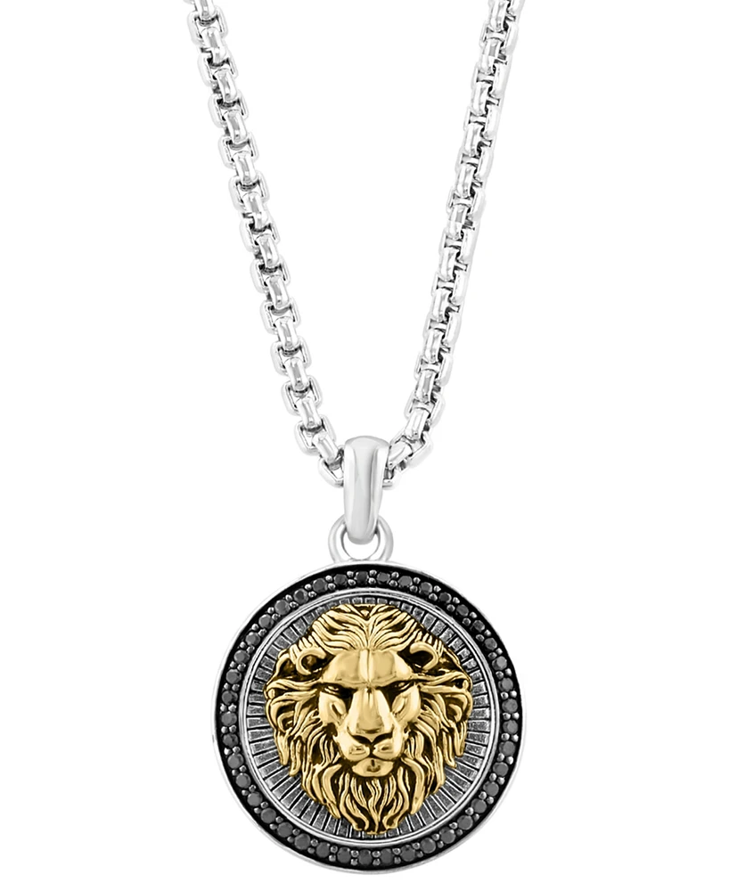 Effy Men's Black Spinel Lion Head 22" Round Disc Pendant Necklace (3/8 ct. t.w) in Sterling Silver, 14k Gold-Plate, & Black Rhodium-Plate