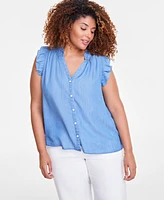 On 34th Trendy Plus Flutter-Sleeve Chambray Shirt, Exclusively at Macy's