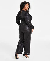 Nina Parker Trendy Plus Size Long-Sleeve Metallic Jumpsuit