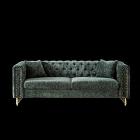 82-Inch Chenille Pull Buckle Design Sofa for Living Room, Buttons Tufted With Copper Nail Decoration Armrest, Modern Couch Upholstered Button And Meta