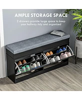 Modern Shoe Rack Bench for Entryway, Storage Organizer with Cushion, 2 Drawers, Adjustable Shelf, Holds 8 Pairs, Black