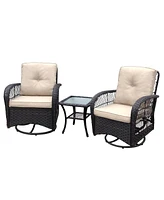 Streamdale Furniture 3 Pieces Conversation Set, Outdoor Wicker Rocker Swivel Patio Bistro Set, Rocking Chair with Glass Top Side Table, Khaki