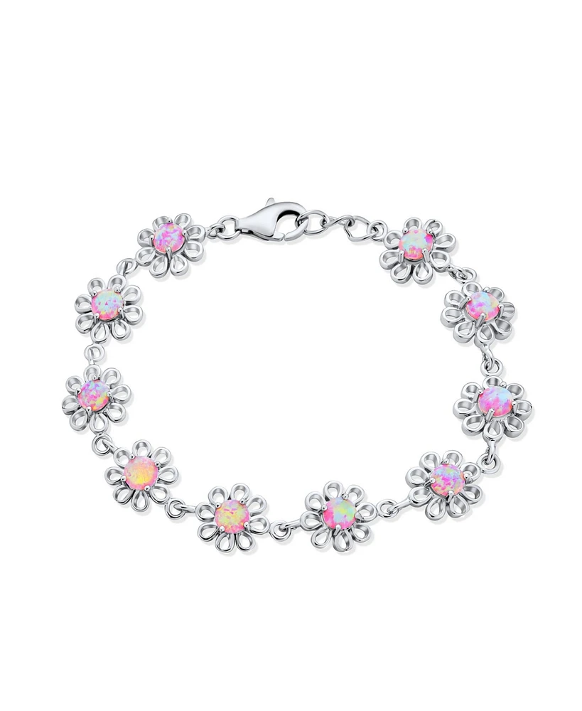 Bling Jewelry Floral Flower Pink Created Opal Multi Charm Link Daisy Bracelet Anklet For Women .925 Silver