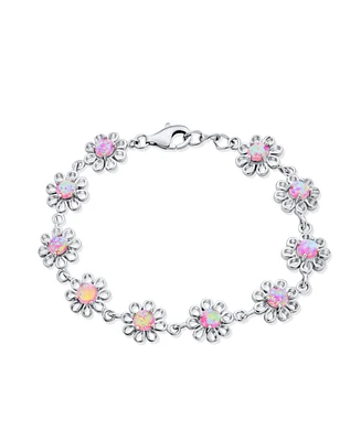 Bling Jewelry Floral Flower Pink Created Opal Multi Charm Link Daisy Bracelet Anklet For Women .925 Silver