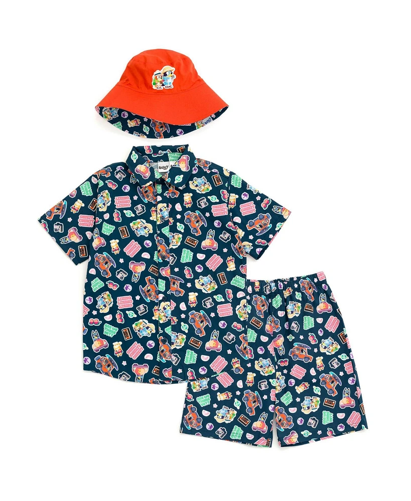 Bluey Boys Button Down Shirt Shorts and Bucket Sun Hat 3 Piece Outfit Set