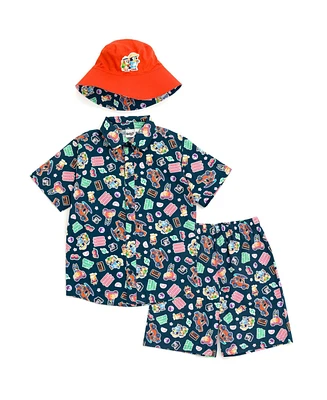 Bluey Boys Button Down Shirt Shorts and Bucket Sun Hat 3 Piece Outfit Set