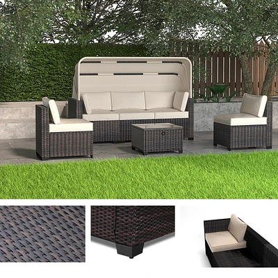 6 Pieces Patio Furniture Sets, Outdoor Rattan Daybed with Retractable Canopy, Outdoor Sectional Sofa Set with Adjustable Backrest