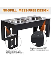 23" Modern Decorative Dog Bone Wooden Heavy Duty Pet Food Bowl Elevated Feeding Station - Black