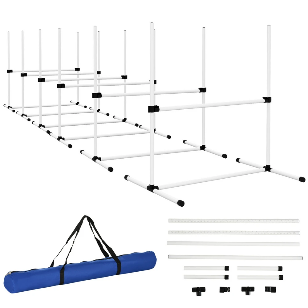 6 Piece Dog Agility Training Equipment for Dog Agility Course with Adjustable Height Jump Bars, Included Carry Bag, & Displacing Top Bar, White