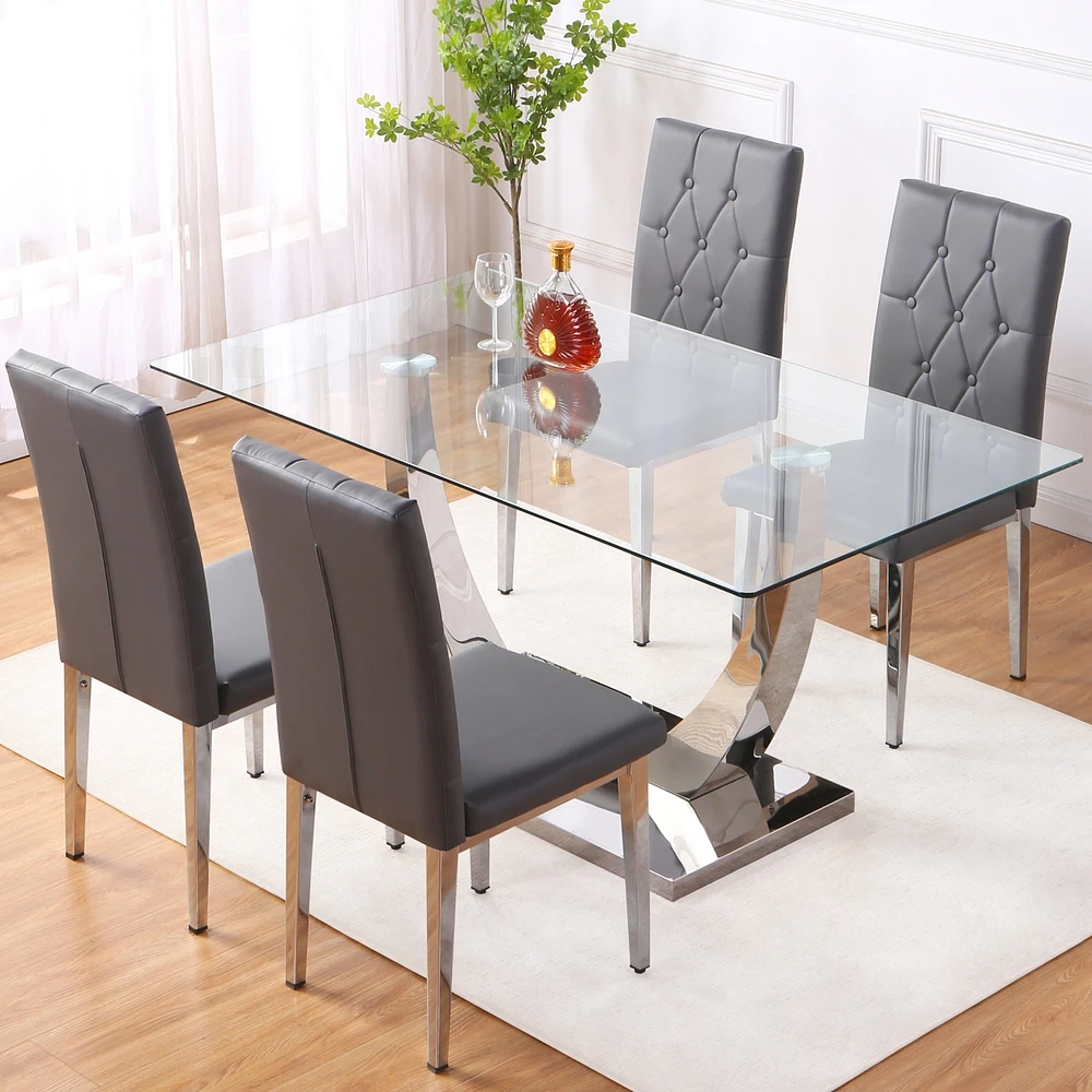 Streamdale Furniture Table and chair set, modern dining table, tempered glass tabletop and silver