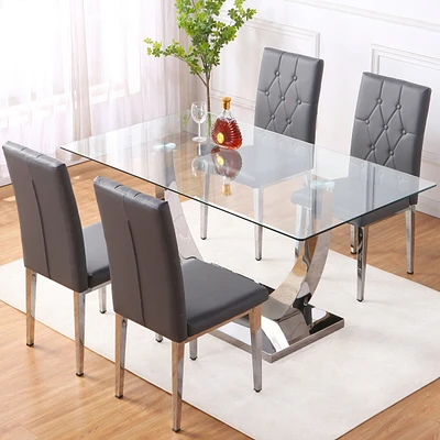 Streamdale Furniture Table and chair set, modern dining table, tempered glass tabletop and silver