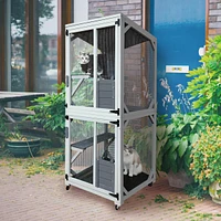 30.7" Wooden Catio Outdoor Cat Enclosure, Luxury Cat House on Wheels with Napping House, 4 Platforms & Weatherproof Asphalt Roof, Large Kitty Cat