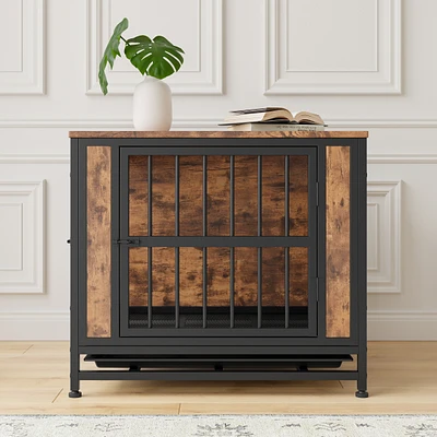 Dog Crate Furniture, Wooden Dog Crate Table, 27.48" Dog Kennel with 2 Sliding Doors and Thick Iron Door Frame, Decorative Pet Crate House for Sma