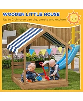 Wooden Sandbox with Canopy House Design for 3-7 Years Old, Brown