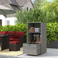 Valet Pool Towel Rack, Waterproof Pe Plastic Rattan Wicker Storage Organizer, Indoor Outdoor Spa, and Hot Tub Accessory Storage, 2 Shelves, 1 Basket D