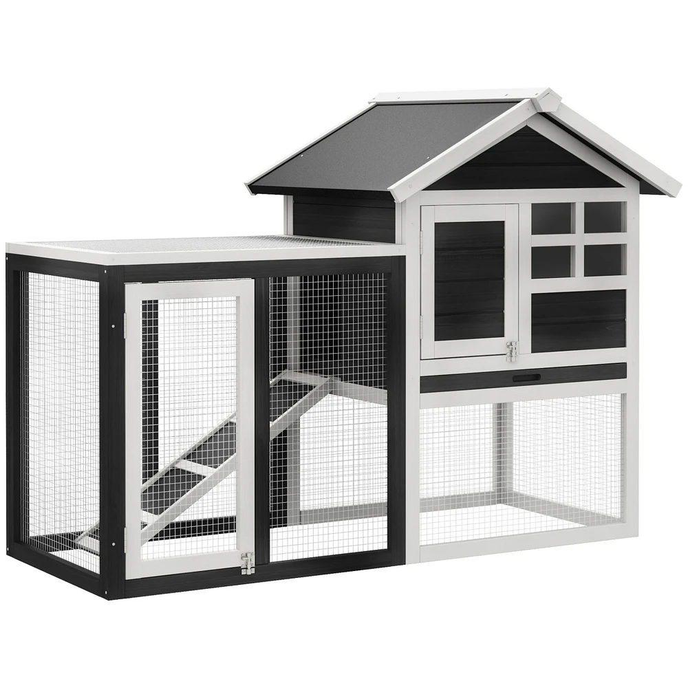 Simplie Fun 48" Wooden Rabbit Hutch Bunny Cage with Waterproof Asphalt Roof, Fun Outdoor Run, Removable Tray and Ramp, Grey