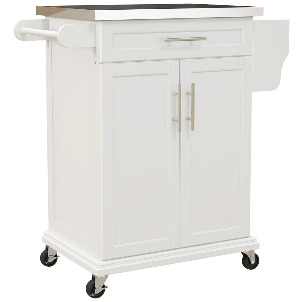Kitchen Island on Wheels, Rolling Kitchen Cart with Stainless Steel Countertop, Drawer, Towel Rack and Spice Rack, Utility Storage Trolley, Cream Whit