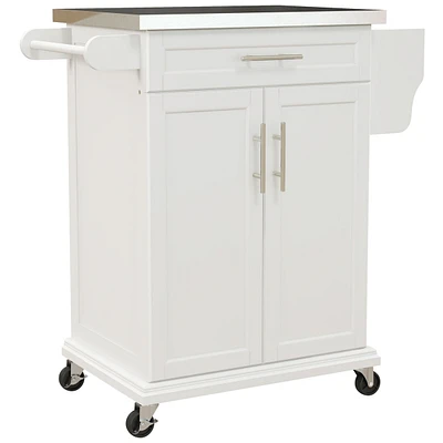 Kitchen Island on Wheels, Rolling Kitchen Cart with Stainless Steel Countertop, Drawer, Towel Rack and Spice Rack, Utility Storage Trolley, Cream Whit