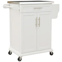 Kitchen Island on Wheels, Rolling Kitchen Cart with Stainless Steel Countertop, Drawer, Towel Rack and Spice Rack, Utility Storage Trolley, Cream Whit