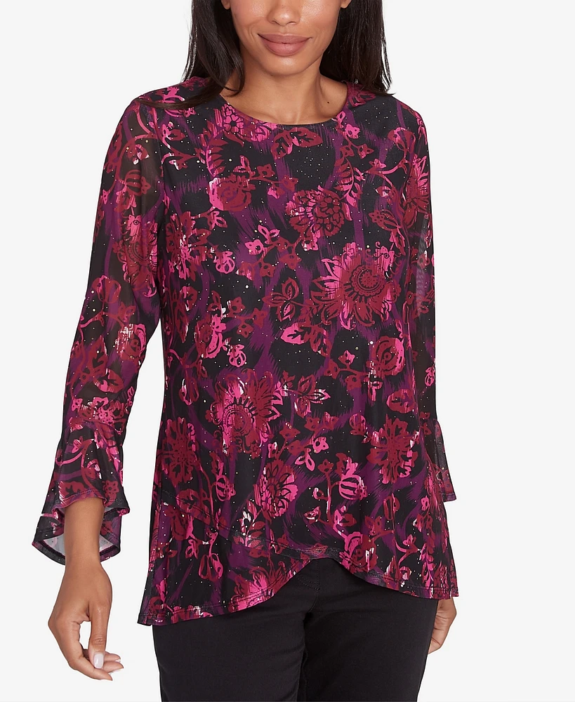 Ruby Rd. Petite Foiled Floral Mesh Crew Neck Blouse