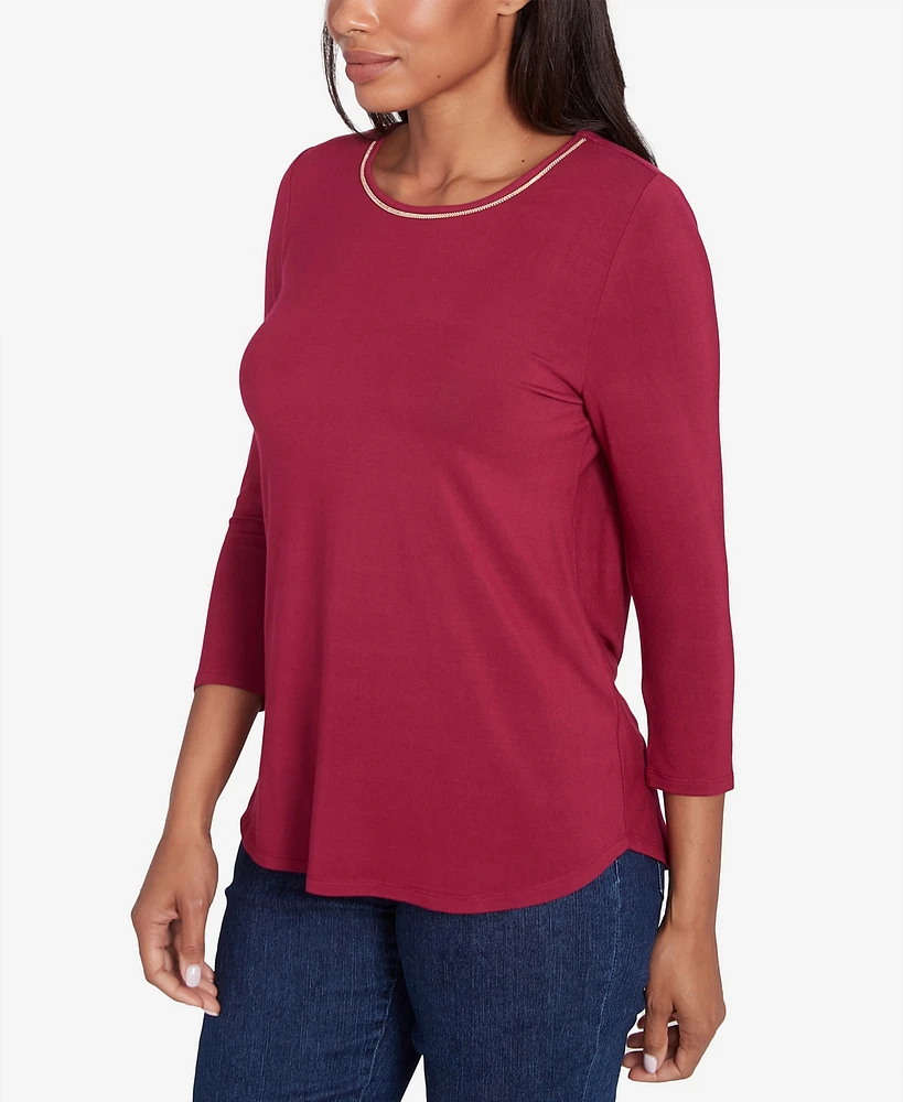 Ruby Rd. Petite Berry Chain Embellished Solid Knit Crew Neck Top