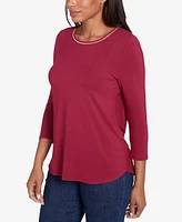 Ruby Rd. Petite Berry Chain Embellished Solid Knit Crew Neck Top