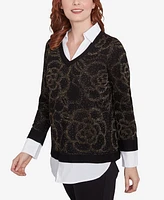 Ruby Rd. Petite Metallic Floral Layered Shirt Collar V-Neck Sweater