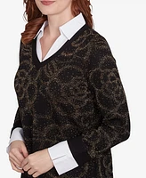 Ruby Rd. Petite Metallic Floral Layered Shirt Collar V-Neck Sweater