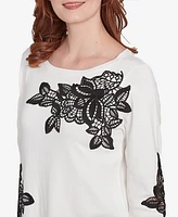 Ruby Rd. Petite Floral Lace Fine Gauge Crew Neck Sweater