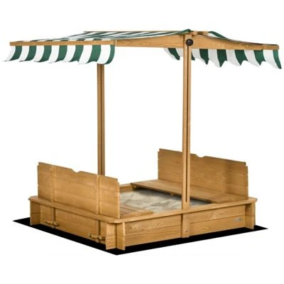 Simplie Fun Wooden Kids Sandbox With Cover Children Outdoor Sand Box With Foldable Bench Seats Adjustable Canopy Bottom Liner For Outdoor Brown