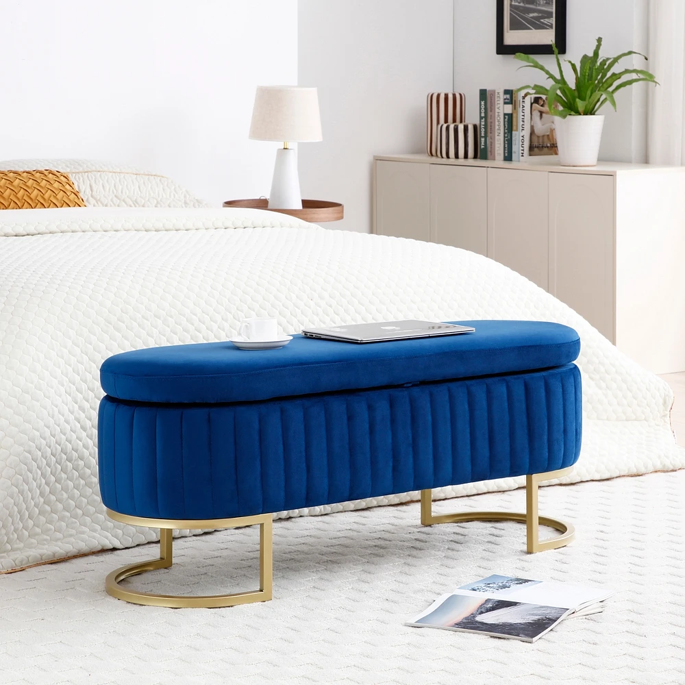 Streamdale Furniture Storage Bench Bedroom Bench, Velvet Oval Upholstered End of Bed Bench with Golden Metal Legs,50" Modern Storage Ottoman Bench for