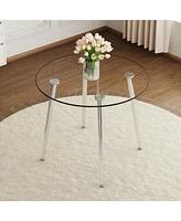 Simplie Fun Round dining table with glass top, silver metal legs, exquisite life, starting from the details, the silver legs show an extraordinary tex