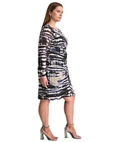 Dkny Plus Printed Side-Ruched Long-Sleeve Mesh Dress