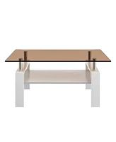 Rectangle Coffee Table, Tempered Glass Tabletop with Mdf Layer, Modern Table for Living Room, Brown Glass